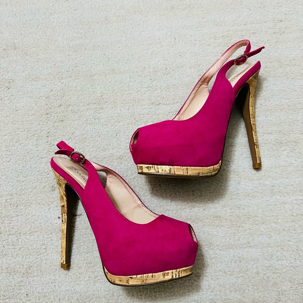 Pink Suede Heels with Cork Heel